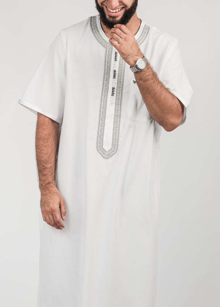 Eagle Moroccan Thobe - White with Grey
